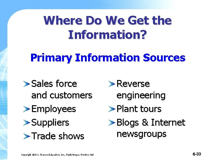 Where Do We Get the Information? Primary Information Sources Sales force and customers Employees