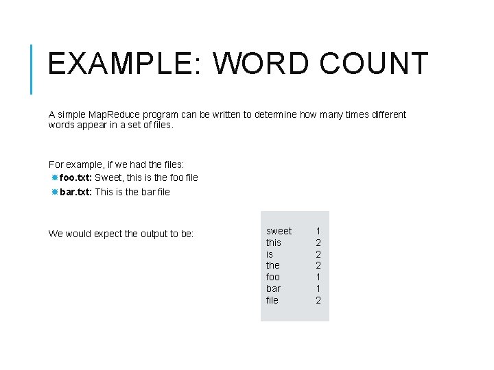 EXAMPLE: WORD COUNT A simple Map. Reduce program can be written to determine how