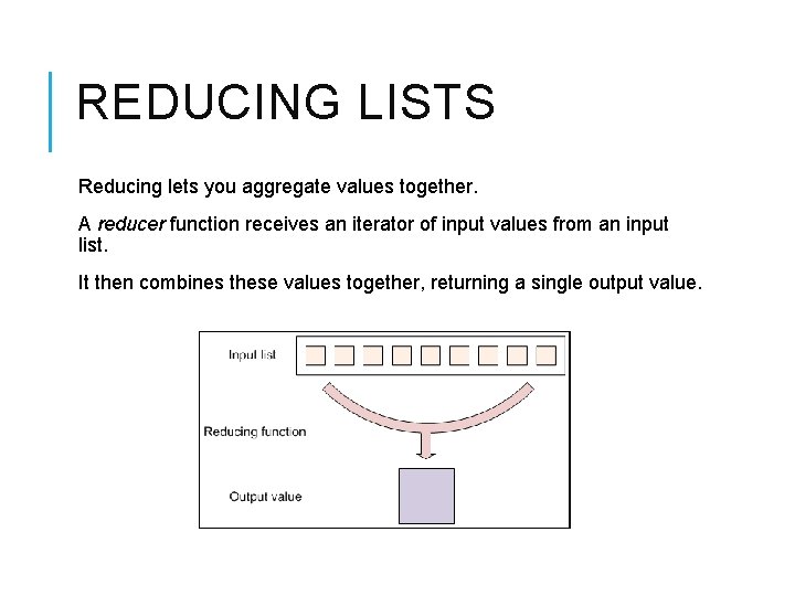 REDUCING LISTS Reducing lets you aggregate values together. A reducer function receives an iterator