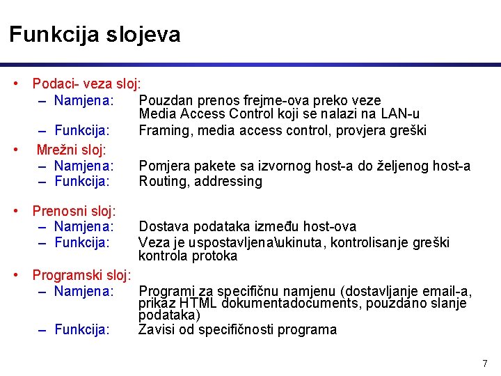 Funkcija slojeva • Podaci- veza sloj: – Namjena: Pouzdan prenos frejme-ova preko veze Media