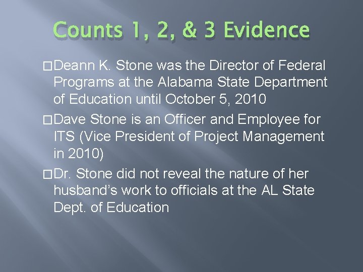 Counts 1, 2, & 3 Evidence �Deann K. Stone was the Director of Federal