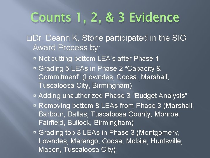 Counts 1, 2, & 3 Evidence �Dr. Deann K. Stone participated in the SIG