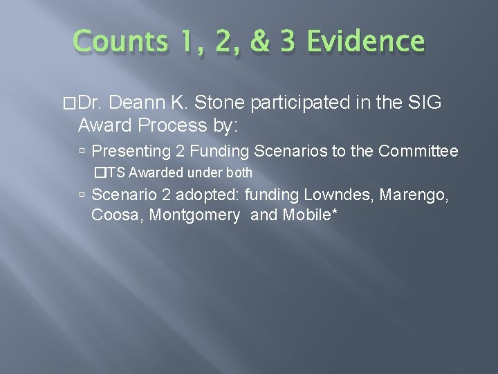 Counts 1, 2, & 3 Evidence �Dr. Deann K. Stone participated in the SIG