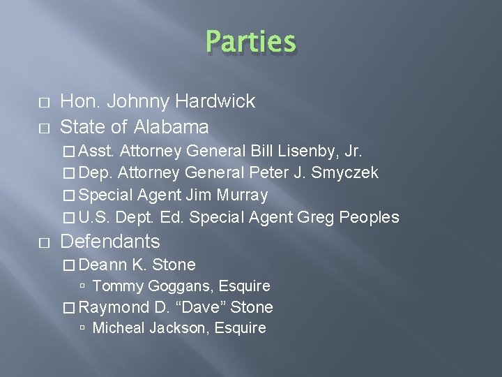 Parties � � Hon. Johnny Hardwick State of Alabama � Asst. Attorney General Bill