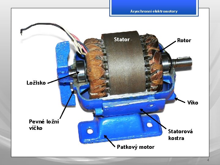 Asynchronní elektromotory Stator Rotor Ložisko Víko Pevné ložní víčko Statorová kostra Patkový motor 4