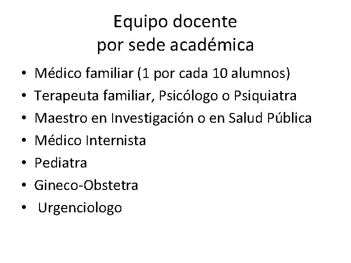 Equipo docente por sede académica • • Médico familiar (1 por cada 10 alumnos)