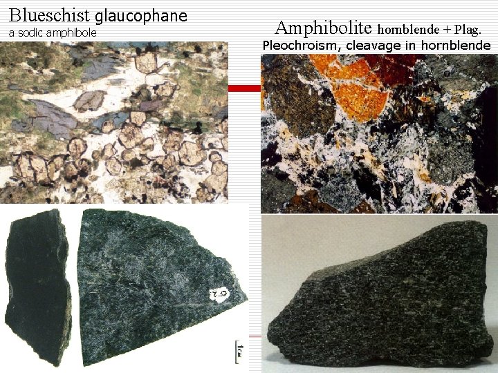 Blueschist glaucophane a sodic amphibole Amphibolite hornblende + Plag. Pleochroism, cleavage in hornblende 