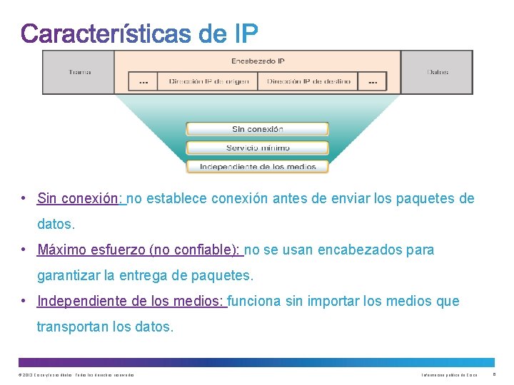 • Sin conexión: no establece conexión antes de enviar los paquetes de datos. • Sin conexión: no establece conexión antes de enviar los paquetes de datos.