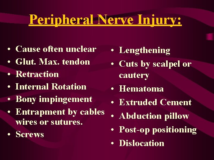 Peripheral Nerve Injury: • • • Cause often unclear Glut. Max. tendon Retraction Internal Peripheral Nerve Injury: • • • Cause often unclear Glut. Max. tendon Retraction Internal