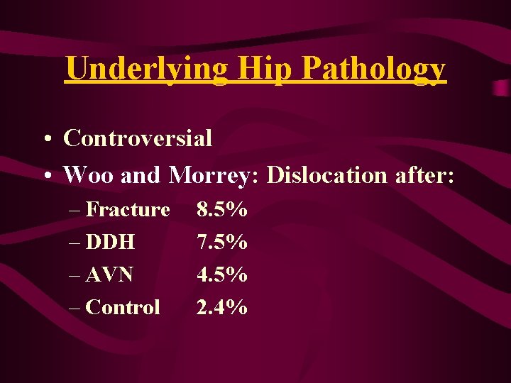 Underlying Hip Pathology • Controversial • Woo and Morrey: Dislocation after: – Fracture – Underlying Hip Pathology • Controversial • Woo and Morrey: Dislocation after: – Fracture –