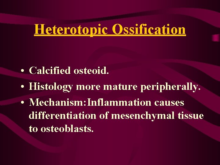Heterotopic Ossification • Calcified osteoid. • Histology more mature peripherally. • Mechanism: Inflammation causes Heterotopic Ossification • Calcified osteoid. • Histology more mature peripherally. • Mechanism: Inflammation causes
