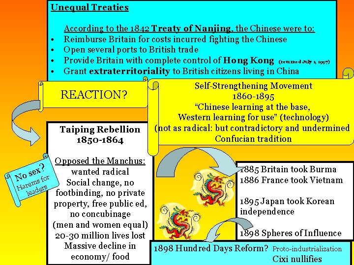 Unequal Treaties • • According to the 1842 Treaty of Nanjing, the Chinese were