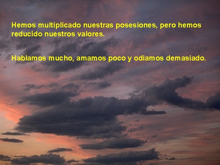 Hemos multiplicado nuestras posesiones, pero hemos reducido nuestros valores. Hablamos mucho, amamos poco y