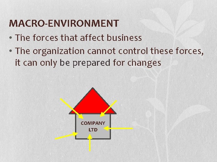 MACRO-ENVIRONMENT • The forces that affect business • The organization cannot control these forces,