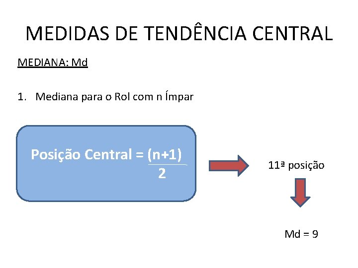 MEDIDAS DE TENDÊNCIA CENTRAL MEDIANA: Md 1. Mediana para o Rol com n Ímpar
