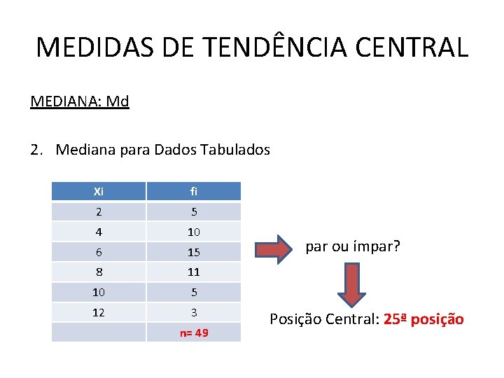 MEDIDAS DE TENDÊNCIA CENTRAL MEDIANA: Md 2. Mediana para Dados Tabulados Xi fi 2