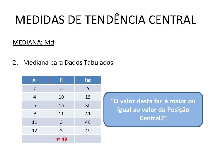 MEDIDAS DE TENDÊNCIA CENTRAL MEDIANA: Md 2. Mediana para Dados Tabulados Xi fi fac