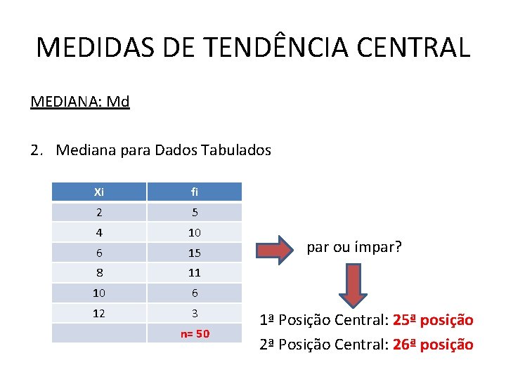 MEDIDAS DE TENDÊNCIA CENTRAL MEDIANA: Md 2. Mediana para Dados Tabulados Xi fi 2