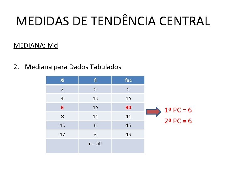 MEDIDAS DE TENDÊNCIA CENTRAL MEDIANA: Md 2. Mediana para Dados Tabulados Xi fi fac
