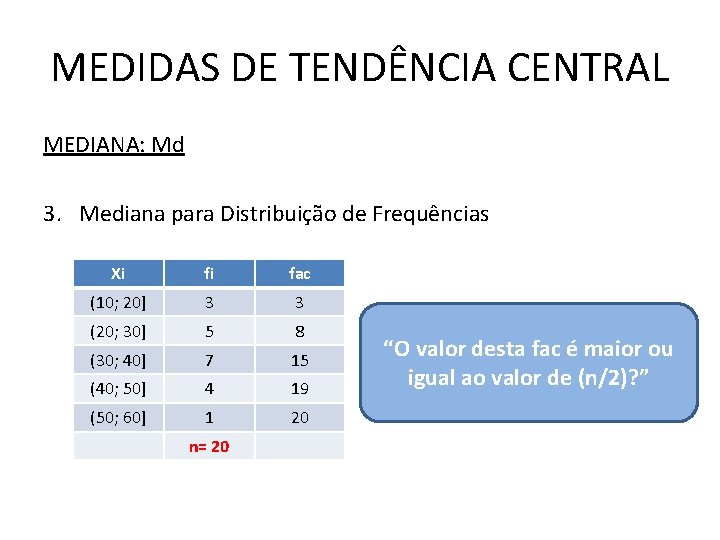 MEDIDAS DE TENDÊNCIA CENTRAL MEDIANA: Md 3. Mediana para Distribuição de Frequências Xi fi