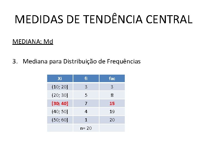 MEDIDAS DE TENDÊNCIA CENTRAL MEDIANA: Md 3. Mediana para Distribuição de Frequências Xi fi