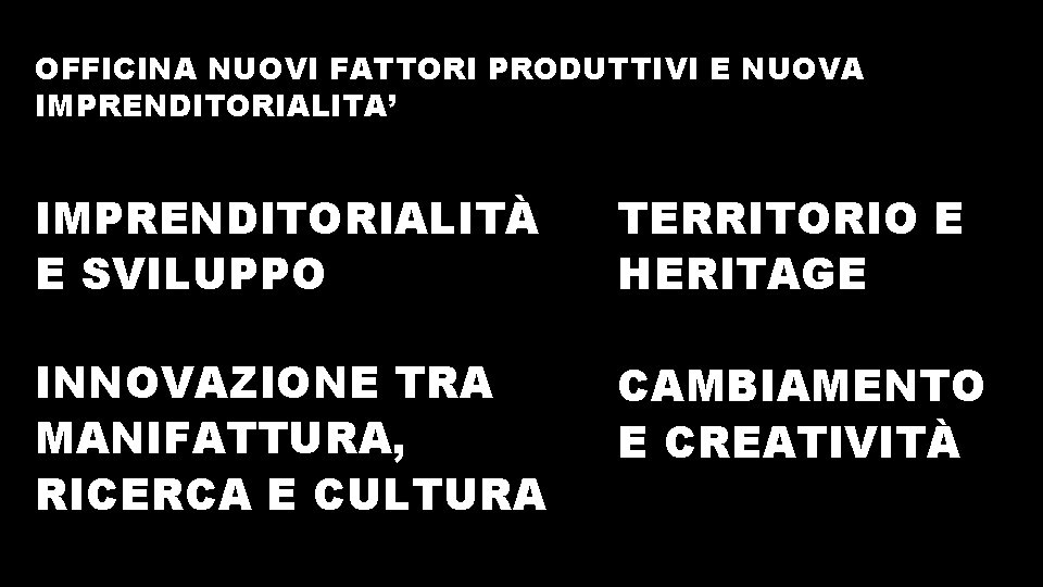 OFFICINA NUOVI FATTORI PRODUTTIVI E NUOVA IMPRENDITORIALITA’ IMPRENDITORIALITÀ E SVILUPPO TERRITORIO E HERITAGE INNOVAZIONE