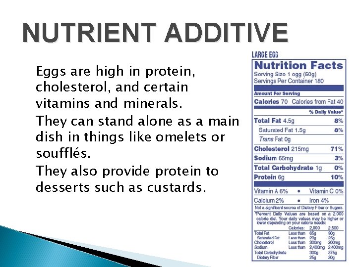 NUTRIENT ADDITIVE Eggs are high in protein, cholesterol, and certain vitamins and minerals. They