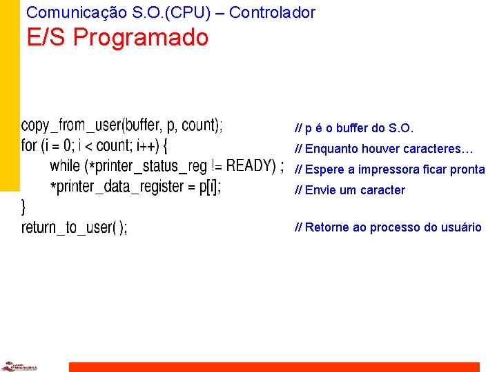 Comunicação S. O. (CPU) – Controlador E/S Programado // p é o buffer do