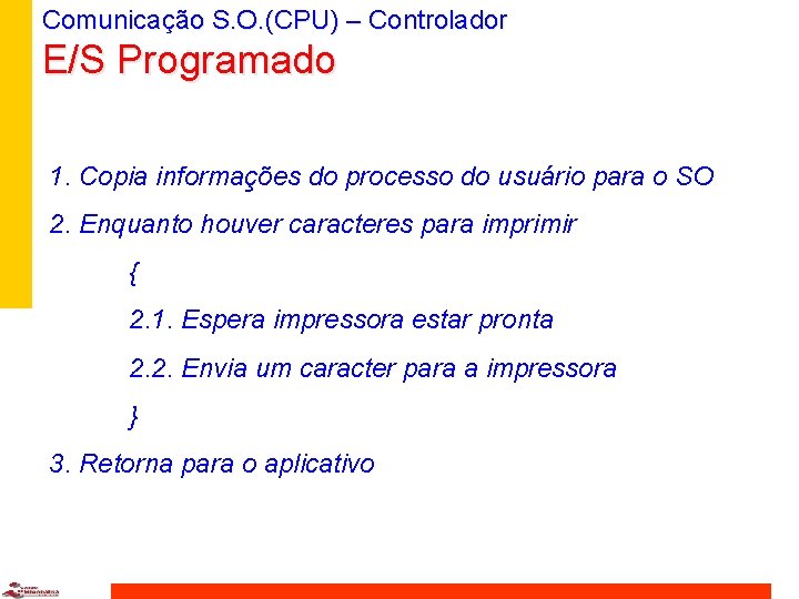 Comunicação S. O. (CPU) – Controlador E/S Programado 1. Copia informações do processo do