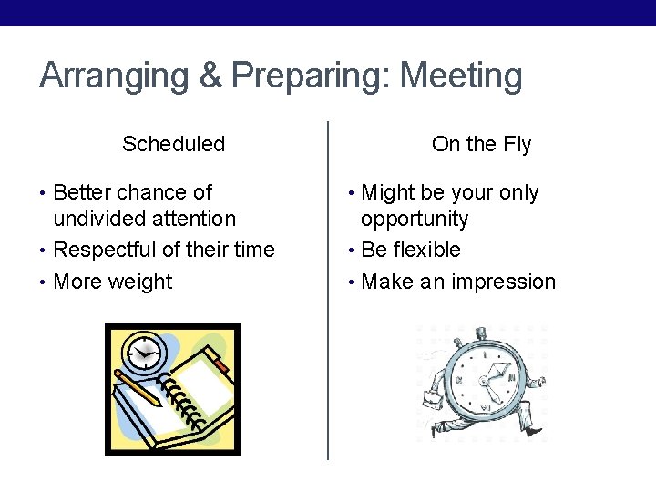 Arranging & Preparing: Meeting Scheduled On the Fly • Better chance of • Might