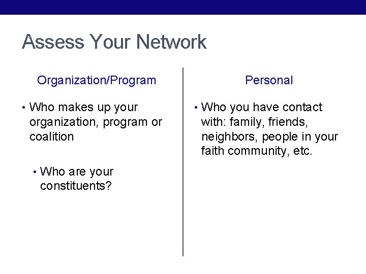 Assess Your Network Organization/Program • Who makes up your organization, program or coalition •