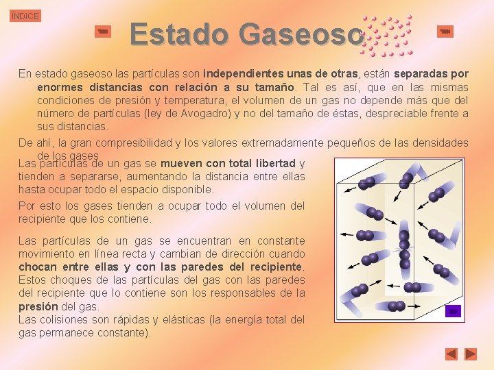 ÍNDICE Estado Gaseoso En estado gaseoso las partículas son independientes unas de otras, están