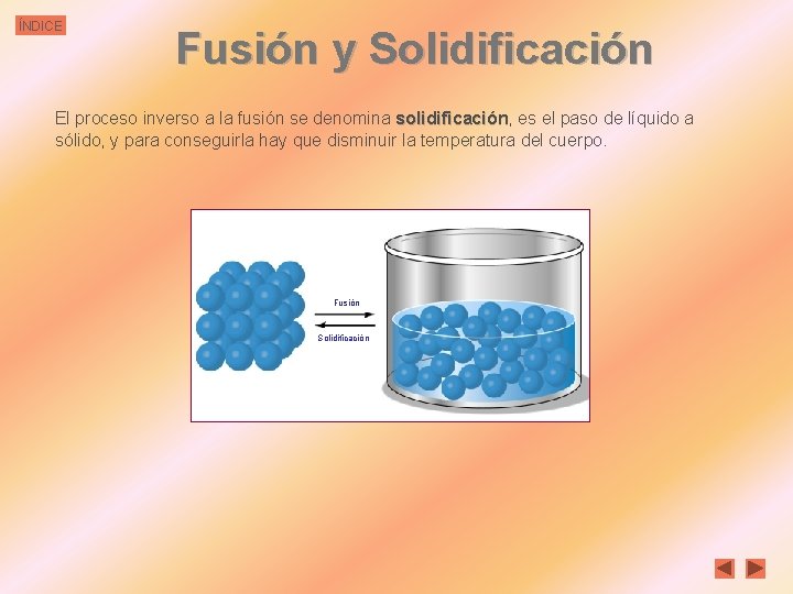 ÍNDICE Fusión y Solidificación El proceso inverso a la fusión se denomina solidificación, solidificación