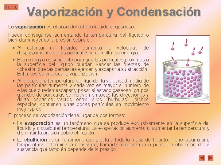 ÍNDICE Vaporización y Condensación La vaporización es el paso del estado líquido al gaseoso.