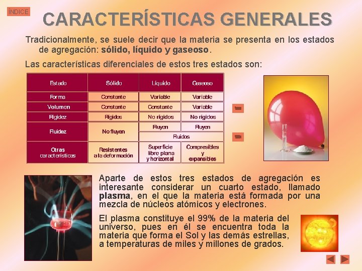 ÍNDICE CARACTERÍSTICAS GENERALES Tradicionalmente, se suele decir que la materia se presenta en los