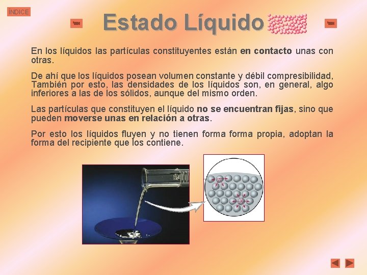 ÍNDICE Estado Líquido En los líquidos las partículas constituyentes están en contacto unas con