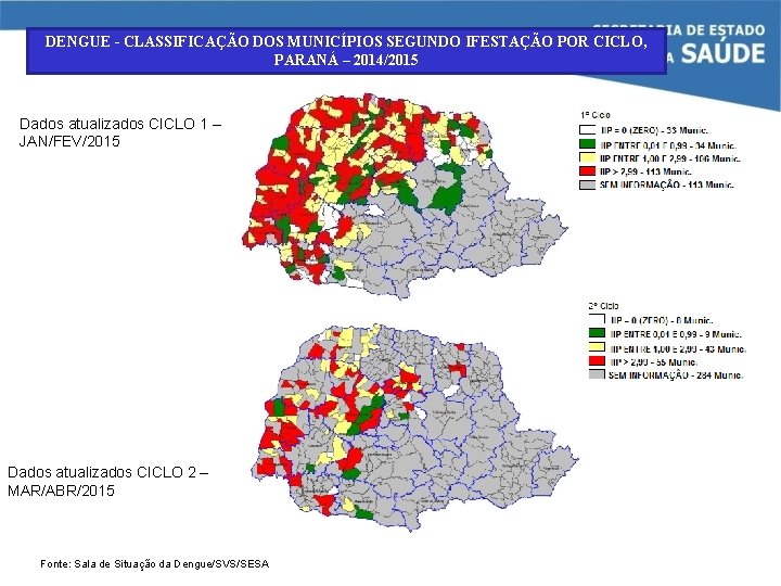 DENGUE - CLASSIFICAÇÃO DOS MUNICÍPIOS SEGUNDO IFESTAÇÃO POR CICLO, PARANÁ – 2014/2015 Dados atualizados DENGUE - CLASSIFICAÇÃO DOS MUNICÍPIOS SEGUNDO IFESTAÇÃO POR CICLO, PARANÁ – 2014/2015 Dados atualizados