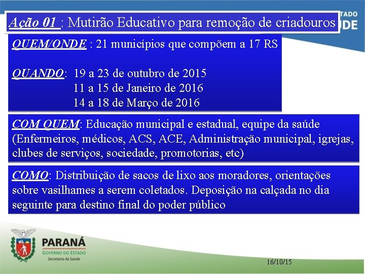 Ação 01 : Mutirão Educativo para remoção de criadouros QUEM/ONDE : 21 municípios que Ação 01 : Mutirão Educativo para remoção de criadouros QUEM/ONDE : 21 municípios que