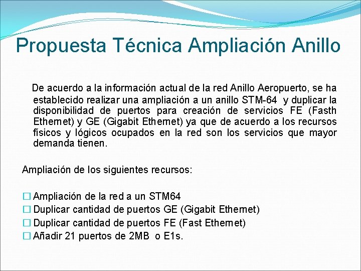 Propuesta Técnica Ampliación Anillo De acuerdo a la información actual de la red Anillo