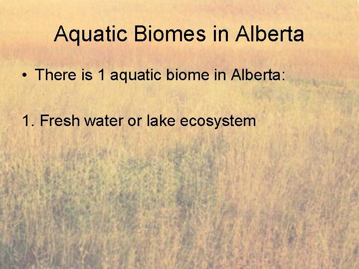 Aquatic Biomes in Alberta • There is 1 aquatic biome in Alberta: 1. Fresh