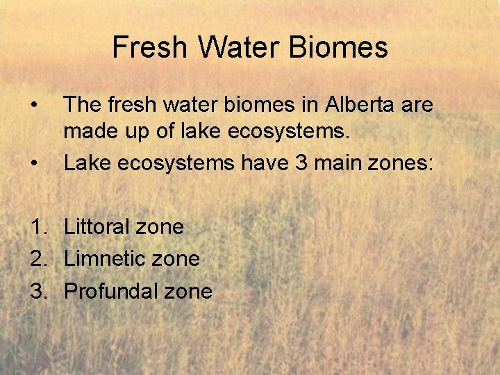 Fresh Water Biomes • • The fresh water biomes in Alberta are made up