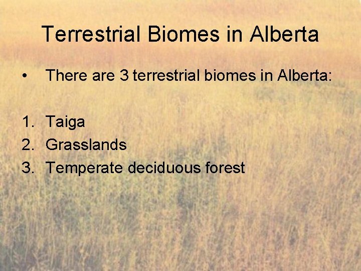 Terrestrial Biomes in Alberta • There are 3 terrestrial biomes in Alberta: 1. Taiga