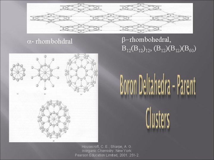 a- rhombohdral b-rhombohedral, B 12(B 12)12, (B 12)(B 60) Housecroft, C. E. ; Sharpe,