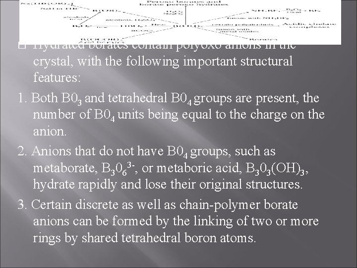 Hydrated borates contain polyoxo anions in the crystal, with the following important structural features: