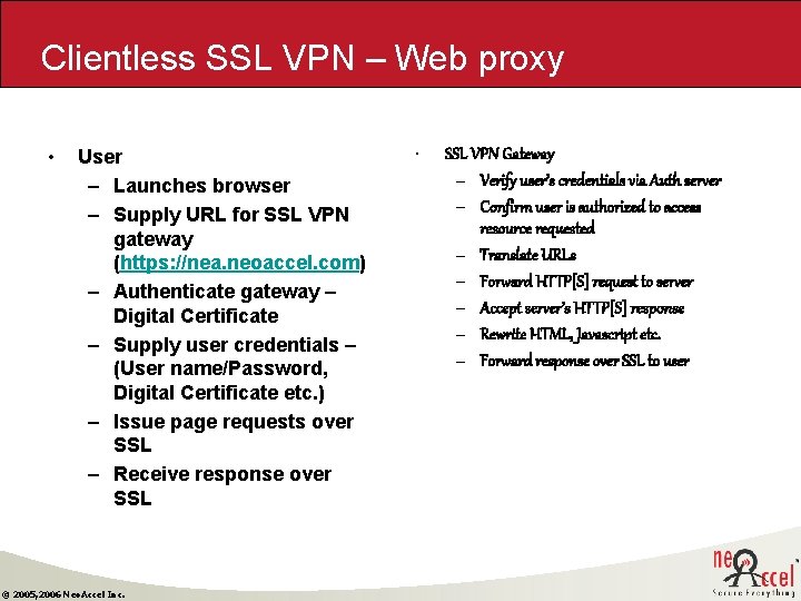 Clientless SSL VPN – Web proxy • User – Launches browser – Supply URL Clientless SSL VPN – Web proxy • User – Launches browser – Supply URL