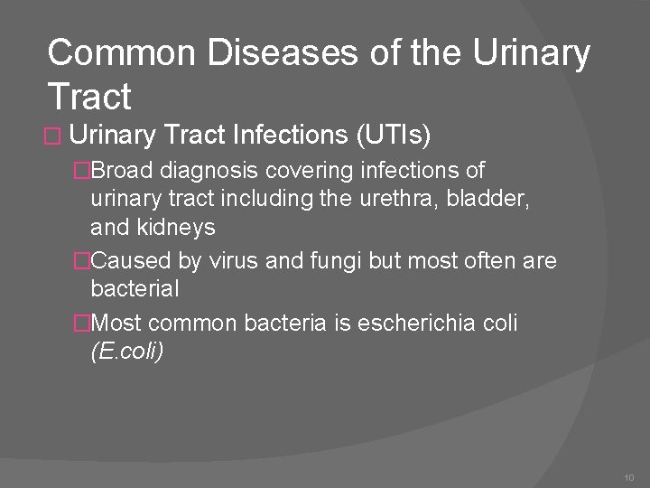 Common Diseases of the Urinary Tract � Urinary Tract Infections (UTIs) �Broad diagnosis covering