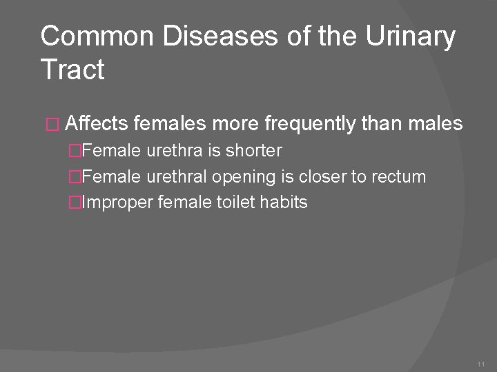 Common Diseases of the Urinary Tract � Affects females more frequently than males �Female