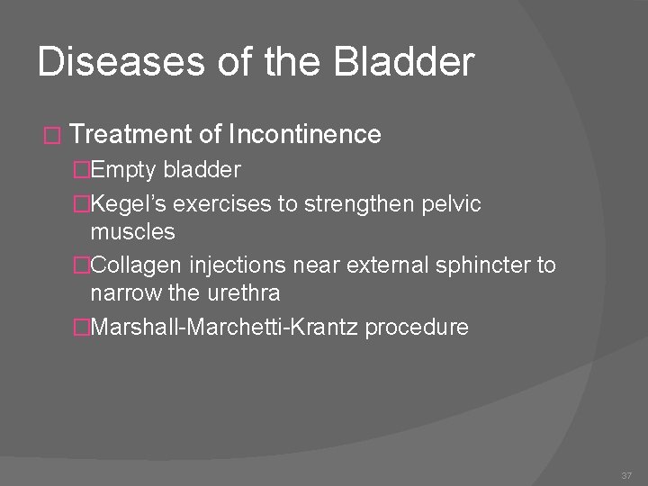 Diseases of the Bladder � Treatment of Incontinence �Empty bladder �Kegel’s exercises to strengthen