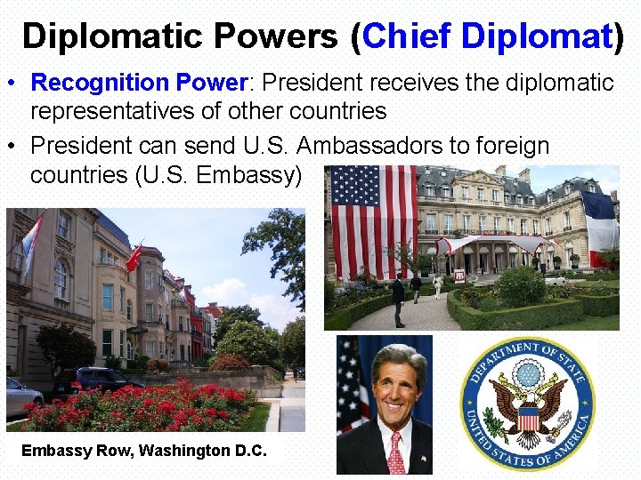 Diplomatic Powers (Chief Diplomat) • Recognition Power: President receives the diplomatic representatives of other