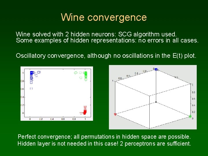 Wine convergence Wine solved with 2 hidden neurons: SCG algorithm used. Some examples of